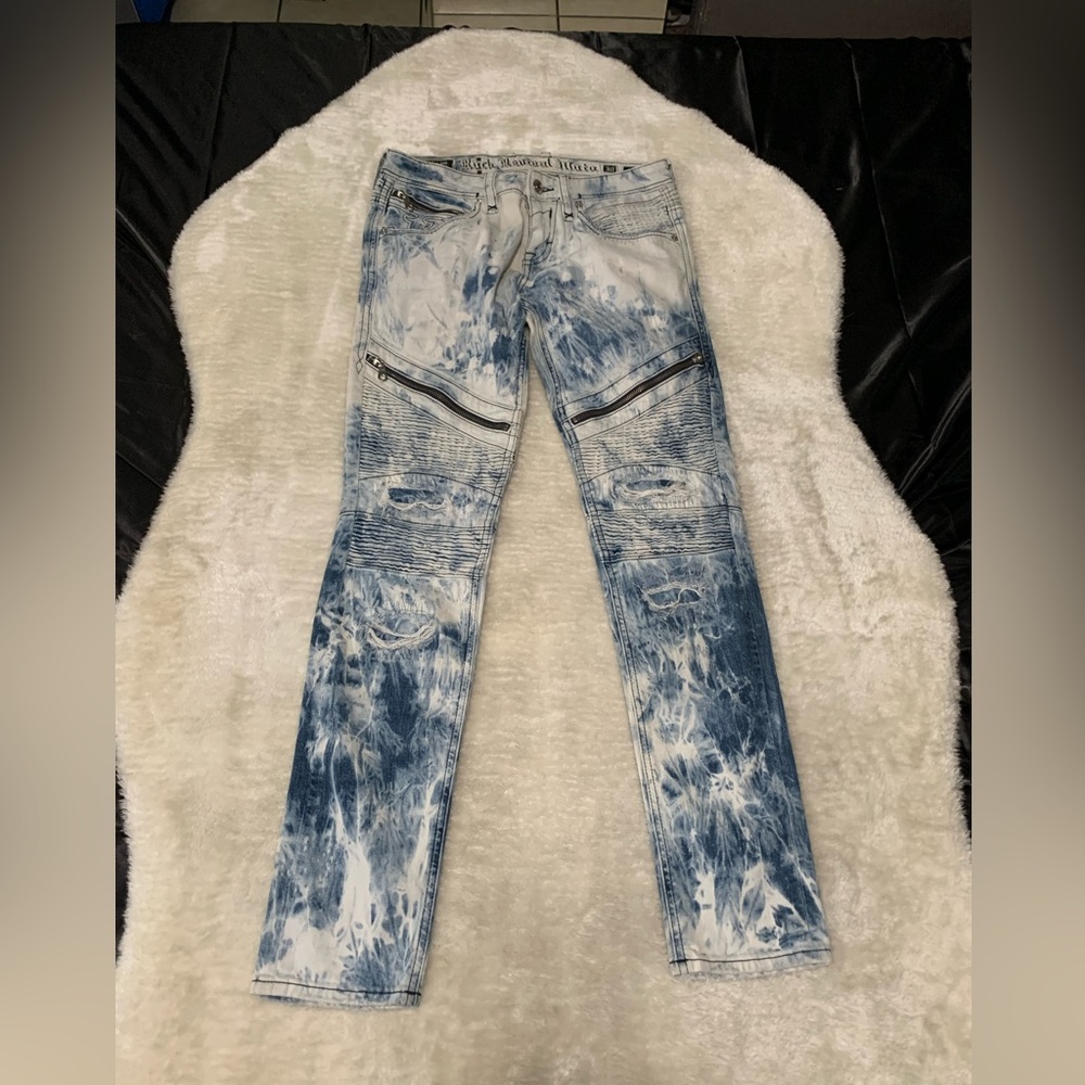 Rock Revival Men's Daviday Skinny Moto Bleached Zip Pockets Blue Jeans 30x31